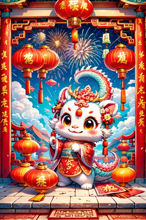 1 Chinese dragon,(chinese palace:1.5),medium shot,Chinese style,Spring Festival,lantern,fireworks,firecracker,flowers,clouds,stone fragment,Beautiful and delicate water,Wood grain flooring,Cute Chinese Dragon