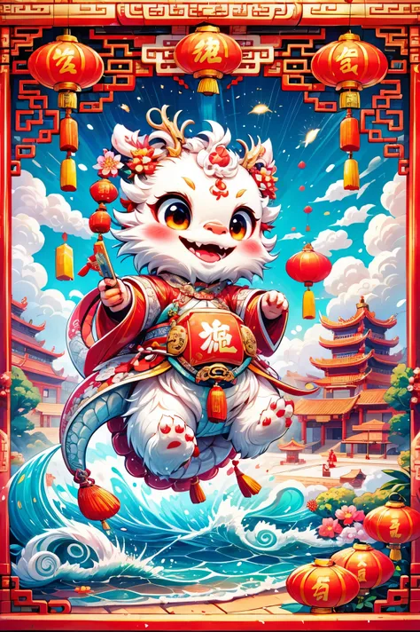 1 Chinese dragon,(chinese palace:1.5),medium shot,Chinese style,Spring Festival,lantern,fireworks,firecracker,flowers,clouds,stone fragment,Beautiful and delicate water,Wood grain flooring,Cute Chinese Dragon