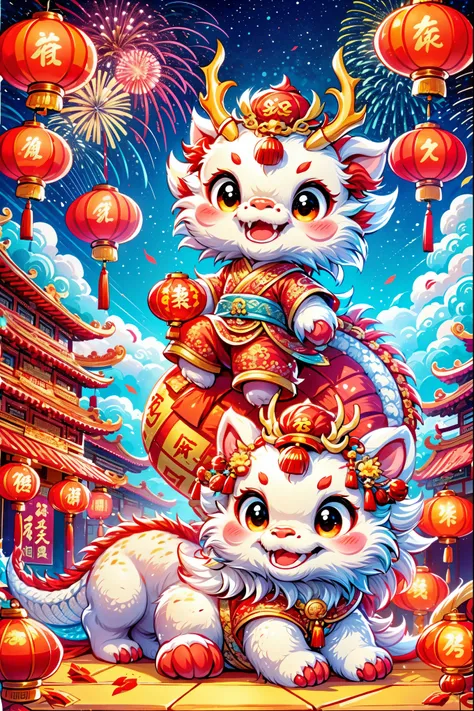Cute Chinese Dragon,(摄影: 1.3), Create a 3D-rendered, Pixar-style illustration of a Chinese dragon sitting on the ground, wearing a Chinese God of Wealth hat and dressed in traditional Chinese attire. The ground is abundantly covered with red envelopes and ...