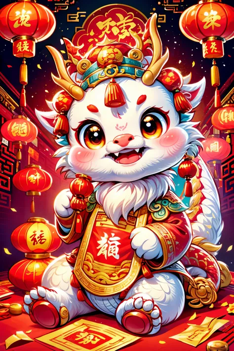 Cute Chinese Dragon,(摄影: 1.3), Create a 3D-rendered, Pixar-style illustration of a Chinese dragon sitting on the ground, wearing a Chinese God of Wealth hat and dressed in traditional Chinese attire. The ground is abundantly covered with red envelopes and ...