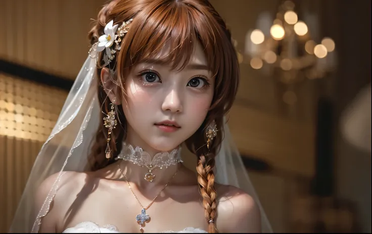 highest quality、RAW photo、professional lighting、best image quality、masterpiece、Live-action depiction、The background is of the best quality、背景はprofessional lightingです、Big eyes、Kasumi Arimura、reproduction of a real person、Wedding dress、Depressed expression、