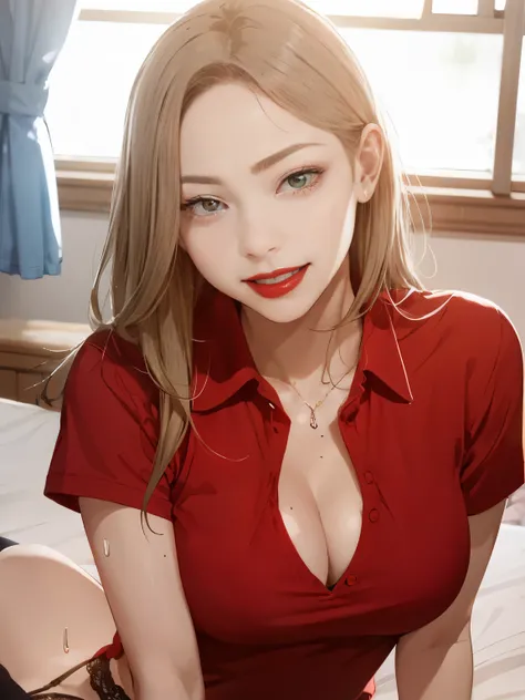 lively、25 years old、polo shirt、garter belt、smile、cleavage emphasis，sweaty face，messy hair，Breathless face，sit on the bed，While looking at this，face zoom，red lips