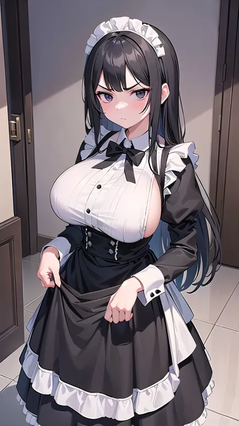 1 girl, game CG,((Maid clothes)),((huge breasts)), black hair, long hair, straight hair,  black eyes, ((Disapproving face)), white background,((Standing picture of the game、face forward))