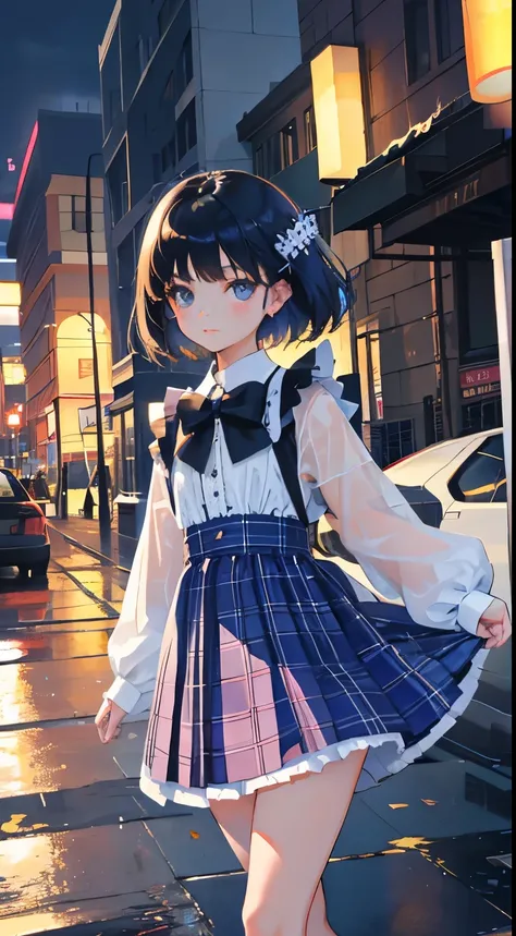 rain，(short cute girl，Little young girl，young delicate girl）,（masterpiece，Top quality)，plaid blue skirt，black hair