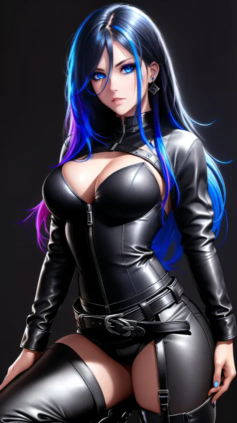 beautiful girl, full body, bright blue neon streaked dishevelled hair, ((large light realistic detailed eyes:1.3)), ((seductive pose:1.5)), black eyeshadow, (street style wear:1.2), ((tight fitted trousers)), ((thigh high leather boots:1.3)),  ((dark plain...