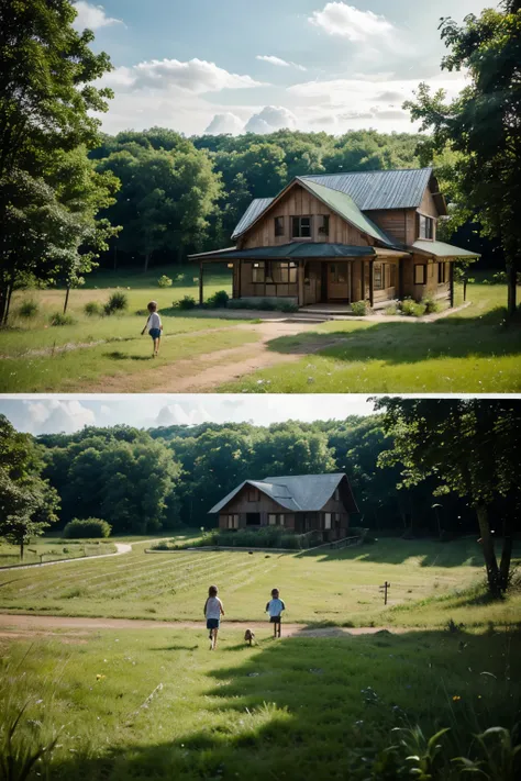 Landscape photo, country side house, forest in the back, modern farmhouse, children playing outside, green everywhere, realistic