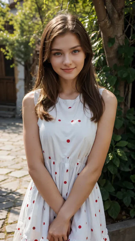 ultra realistic,beautiful model, Russian appearance, 21 years old, light smile, in a light polka dot dress, in the old village
