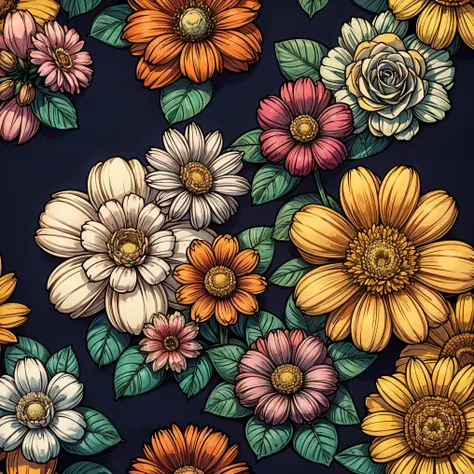 2D flowers pattern. full of colors. many of different flowers. 