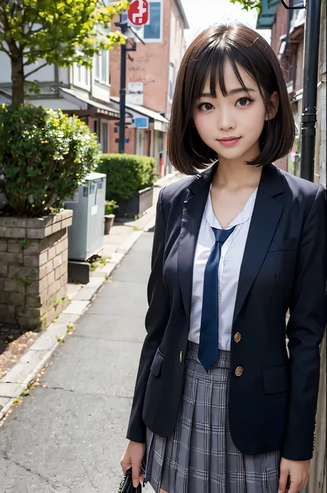 ((masterpiece), (high resolution 8K)), photo realistic, Japanese girl, (stunning face, detailed eyes and face, shiny skin), teens, smile, (bob cut), (school uniform, blazer), turn around, (hands on chest), (half body), from front, (townscape, sidewalk, tel...