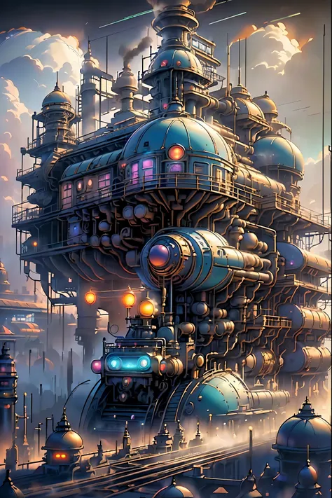 unique world where vaporwave aesthetics blend seamlessly with retrofuturism, wondrous canvas of a victorian mechanical era, stea...