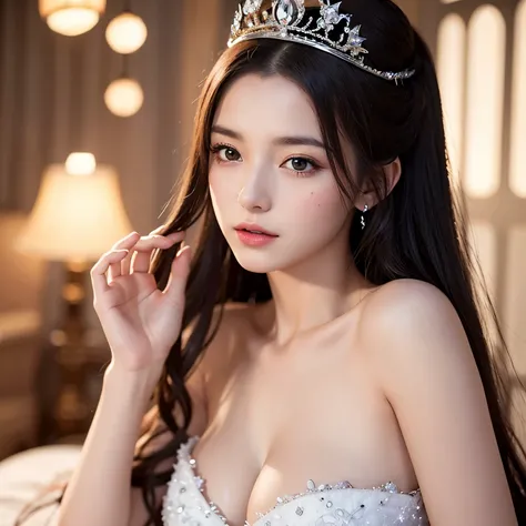 There is a woman in a white dress with a crown on her head, a beautiful fantasy queen, ((beautiful fantasy queen)), a portrait of a princess, a work of art in the Guvez style. 5D CGI anime fantasy artwork, 8K high quality detail nsfw art  