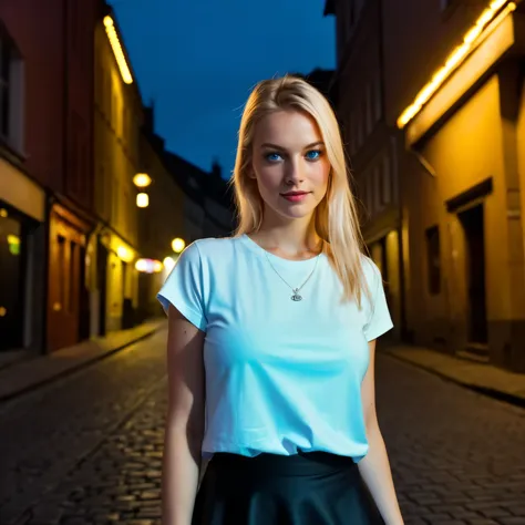 (straight half of the body: 1.4), RAW UHD portrait photo of a 24-year-old blonde (light blue eyed woman) Eine dunkle Gasse entlanggehen, big boobs,, city at Nacht, (White crew neck t-shirt skirt), (Ausschnitt), Einzelheiten (Texturen! , Haar! , funkeln, Fa...