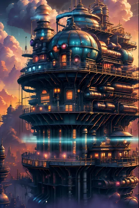 unique world where vaporwave aesthetics blend seamlessly with retrofuturism, wondrous canvas of a victorian mechanical era, stea...