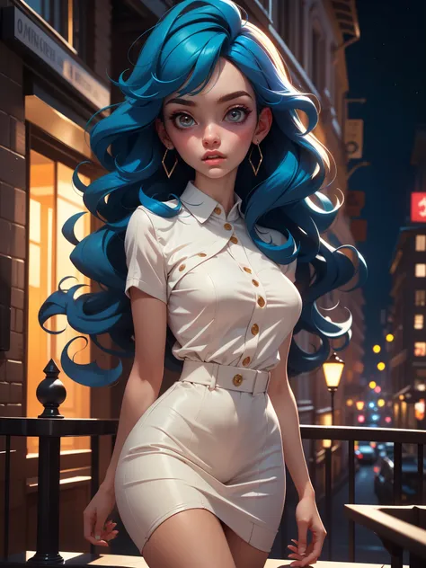 (Masterpiece:1.2), (Best Quality:1.2), night time, (looking a viewer), Bright skin, exteriors, fringe, long bright blue hair, (Wavy Hair), soft lips, glossy lips, Highly detailed, (semi-realistic:1.2), Flirting