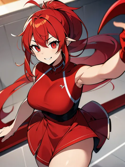 Sorceress girl, red dress, red ponytail hair, red eyes, athletic build