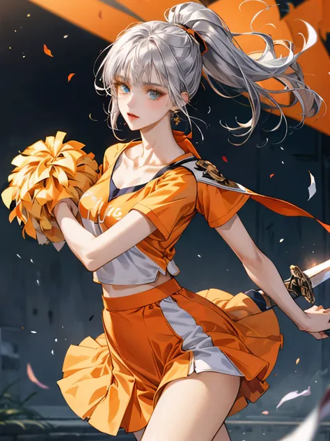 silver hair, ponytail , The Perfect Face, Holding a large sword in hand, Clear skies, heart eyes, pretty girl, orange cheerleading uniform,  clavicle,   Heterochromia, mature face ,  Clear picture, Dancing pose, orange skirt, orange tee