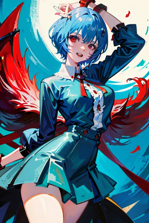 Anime girl with short blue hair, Big red eyes, Evil laughter