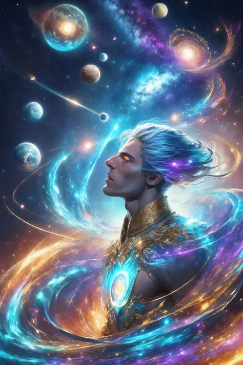 A regal being of cosmic essence, the Eternal Sovereign manifests as a Male humanoid figure surrounded by an ethereal radiance. Their body is a living canvas of shifting and pulsating cosmic hues, ranging from deep blues and purples to vibrant golds and sil...