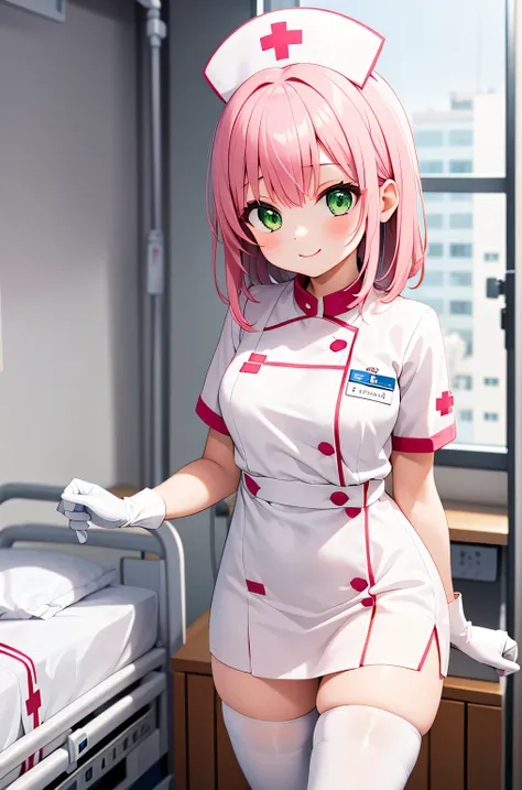 1 girl, alone, nurse, nurse cap, whiteware, ((white legwear, zettai ryouiki)), white gloves, pink hair, green eyes, droopy eyes,...