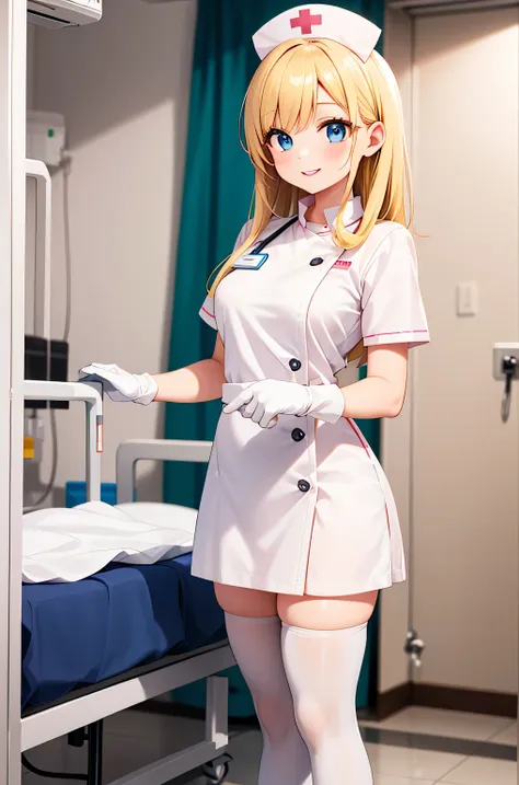 1 female, alone, nurse, nurse cap, whiteware, ((white legwear, zettai ryouiki)), white gloves, blonde hair, blue eyes, pink lips...