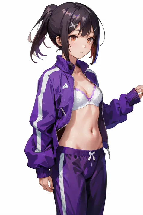 1 girl, (Miyu Edelfeldt),Change,camel toe,black hair,brown eyes,Poker face,,split, head out of frame, jacket, small breasts, lift on its own, long sleeves, navel, open clothes, open jacket, underwear, Pants, Pants lift, purple jacket, purple Pants, backgro...