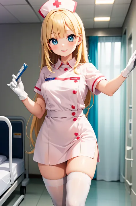 1 female, alone, nurse, nurse cap, whiteware, ((white legwear, zettai ryouiki)), white gloves, blonde hair, blue eyes, pink lips...