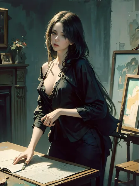 painting of woman, with influence of Jeremy Mann, Jeremy Mann, style of Jeremy Mann, Jeremy Mann painting, Jeremy Mann art, Ron Hicks, Liepke, Jeremy Mann and alphonse mucha, Works that influenced Edmund Blampid, robert lenkiewicz, Casey Baugh and James Je...