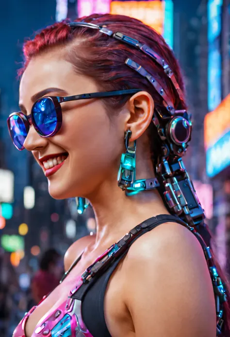 masterpiece, best quality, ((smiling)) cyberpunk girls standing, sunglasses,  side view, Harajuku-inspired cyberpunk body harness, bold colors and patterns, eye-catching accessories, trendy and innovative hairstyle, dazzling Cyberpunk cityscape, skyscraper...