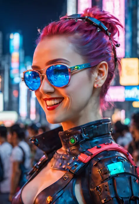 masterpiece, best quality, ((smiling)) cyberpunk girls standing, sunglasses,  side view, Harajuku-inspired cyberpunk body harness, bold colors and patterns, eye-catching accessories, trendy and innovative hairstyle, dazzling Cyberpunk cityscape, skyscraper...