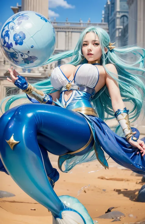 a close up of a mermaid with a ball in her hand, portrait knights of zodiac girl, aqua from konosuba, splash art , aesthetic!!!!!! female genie, cushart krenz key art feminine, marin kitagawa fanart, beautiful genie girl, fine details. tentacles, knights o...