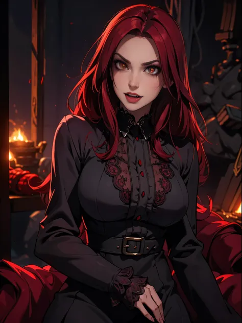 high vampire female, goth renaissance, red hair, long hair, intricate, dark dress, glowing eyes, fantastical, vampire, fangs, hy...