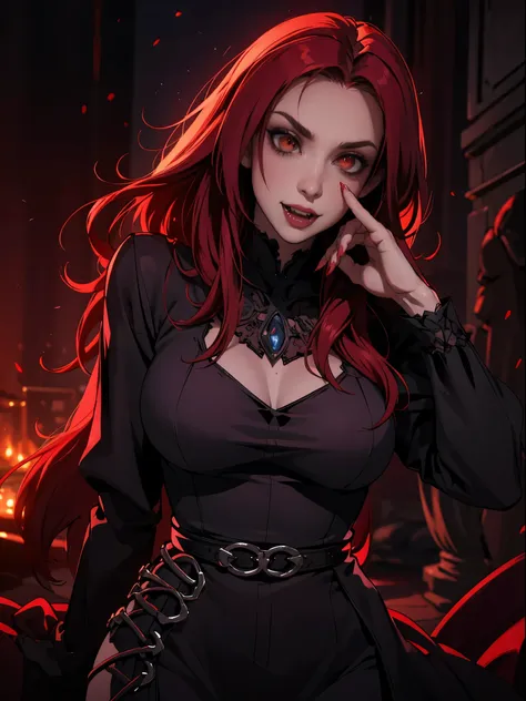 High vampire female, goth Renaissance, red hair, long hair, intricate, dark dress, glowing eyes, fantastical, vampire, fangs, hyper detailed, 32k resolution, volumetric lighting, hyper detailed, intricately detailed, Unreal Engine 5, volumetric lighting