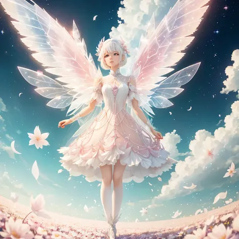 white-haired fairy wearing pink transparent sparkling diamond dress、on the sky，livestock，long legs，symmetrical wings,magic（（（pet...