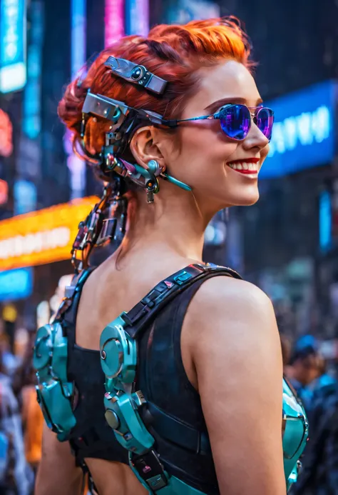 masterpiece, best quality, ((smiling)) cyberpunk girls standing, sunglasses,  side view, Harajuku-inspired cyberpunk body harness, bold colors and patterns, eye-catching accessories, trendy and innovative hairstyle, dazzling Cyberpunk cityscape, skyscraper...