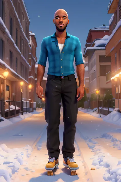 A cute 30-year-old black man standing on a skateboard in snow weather, 2 hands keep the gap from the body, No hair on his head, Artistic, Conceptual Art, Glow, UHD, Retina, Masterpiece, Accurate, Anatomically Correct, Ultra Detailed, High Detail,