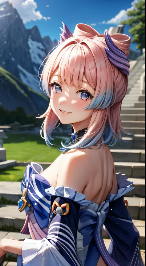 kokomidef, upper body, smile, blush, outdoors, day, simple background, blue sky, short hair, sky, temple, looking at viewer, stairs, mountain, moody lighting, facing viewer,