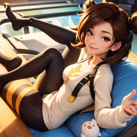 Cute Cartoon Overwatch 2 mercy with long, brown, curly hair. flying into the picture. wearing a big, comfy sweater and leggings with socks and no shoes