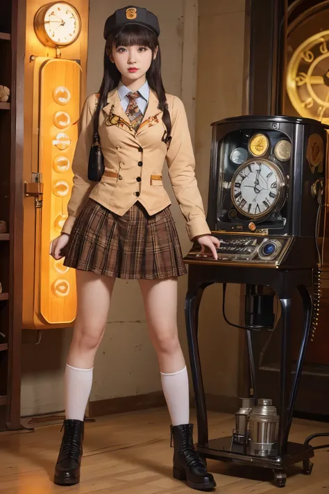 time machine engineer girl、good style、、、whole body、、、、、、orange steampunk costume、mechanical devices、glowing time machine