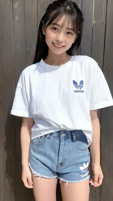 (smile:1.2), There is a woman in a white shirt and blue shorts, 80s sport clothing, clothes in the style of 1990, wearing adidas clothing, 1980s Minimal, dressed in a white t-shirt, 1980s catalogue photo, Clothed.1990s, 90s japan, Beautiful images