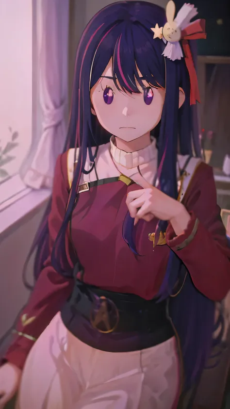 1 fullframe hoshino ai, long hair, purple hair, streaked hair ,purple eyes, star-shaped pupils, hair ornament, esyes closed hurt...