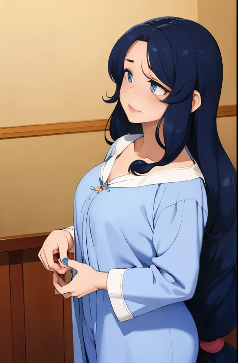 Beautiful woman she is peach skinned with long black curly hair, she has her hands in her hair, she has big cute lips, she is blushing intensely, she is wearing blue pajamas, just woke up,