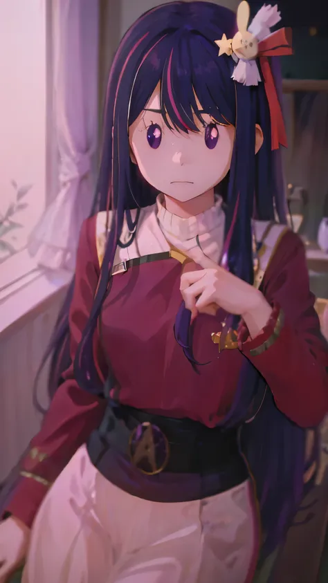 1 fullframe hoshino ai, long hair, purple hair, streaked hair ,purple eyes, star-shaped pupils, hair ornament, esyes closed hurt...