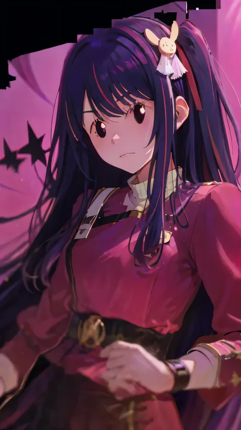 1 fullframe hoshino ai, long hair, purple hair, streaked hair ,purple eyes, star-shaped pupils, hair ornament, esyes closed hurt...