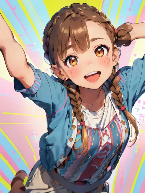 ((light brown hair)),((brown eyes)),((Braided shorthair)),((With bangs)),((fashion//Casual American coordinate:1.3)),((🇺🇸:1.25)),((Colorful and happy background:1.35)),(blush),((Open mouth and big smile:1.2)),(close up of face:1.3),((look up:1.5)),((Angle ...