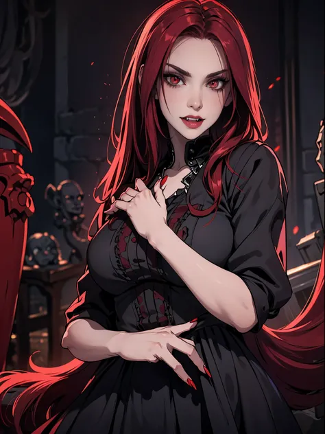 pale face, high vampire female, goth renaissance, red hair, long hair, intricate, dark dress, glowing eyes, fantastical, vampire...