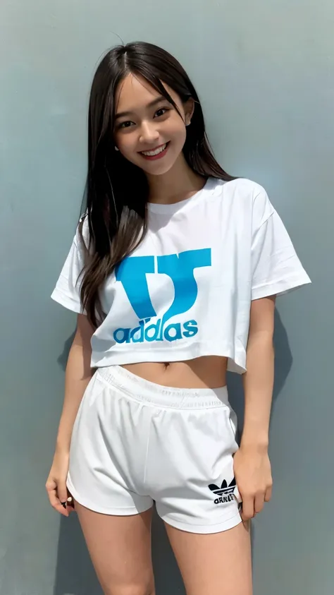 (smile:1.2), There is a woman in a white shirt and blue shorts, 80s sport clothing, clothes in the style of 1990, wearing adidas clothing, 1980s Minimal, dressed in a white t-shirt, 1980s catalogue photo, Clothed.1990s, 90s japan, Beautiful images