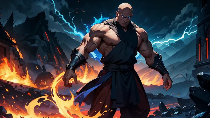 A monk with evil shadow behind, big muscular body,dark background, thunder striking, blue fire power in hand, evil look, no blur, volcanic land, monk clothes