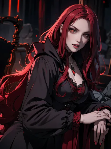 pale face, High vampire female, goth Renaissance, red hair, long hair, intricate, dark dress, glowing eyes, fantastical, vampire, fangs, hyper detailed, 32k resolution, volumetric lighting, hyper detailed, intricately detailed, Unreal Engine 5, volumetric ...
