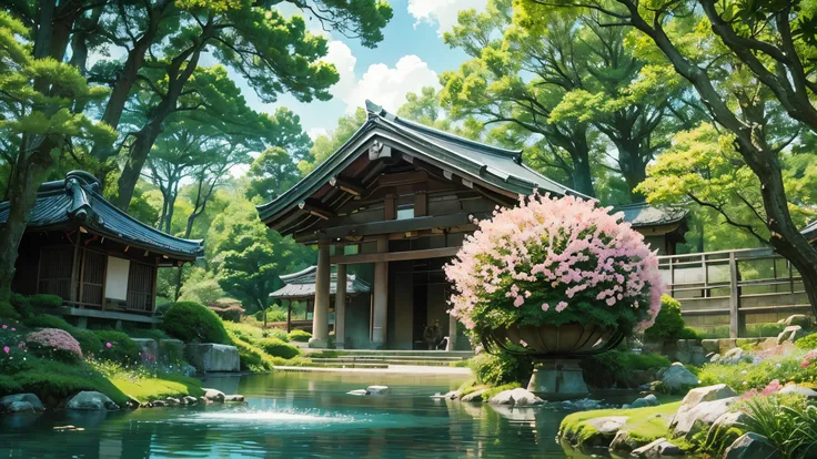 japanese countryside, sphere, cloudy, flowers,  ((masterpiece: 1.3))