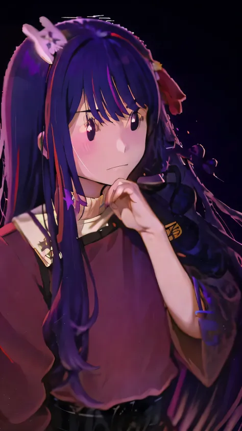 1 fullframe Hoshino Ai, long hair, purple hair, streaked hair ,purple eyes, star-shaped pupils, hair ornament, esyes closed hurt expression  twokunf uniform on a blank netural background